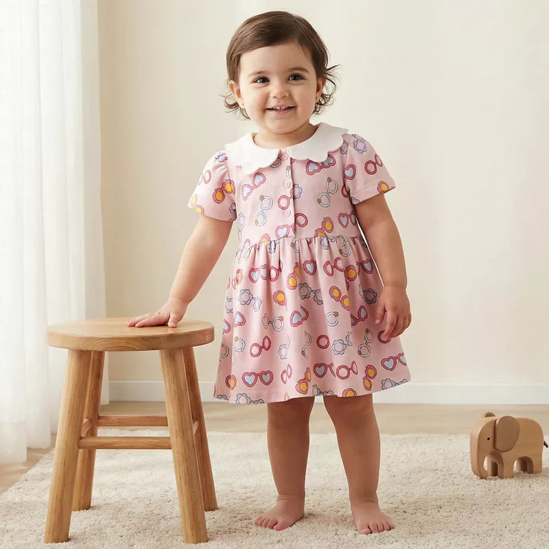 Juniors Peter Pan Collar Short Sleeves A-line Dress with Heart Print
