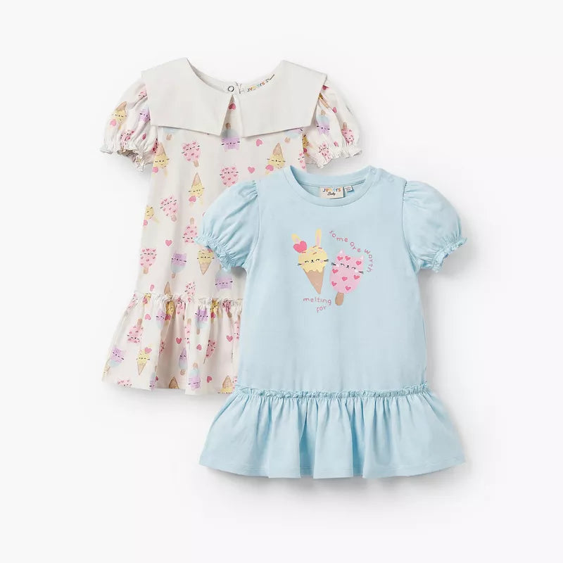 Pack of 2 Juniors Short Sleeves Drop Waist Dress with Ice Cream Print
