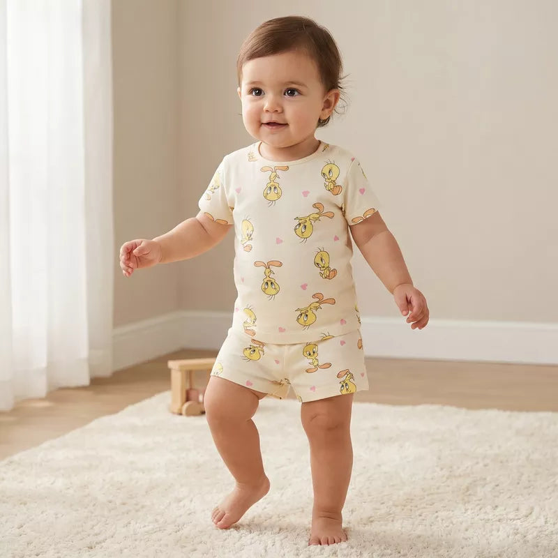 Disney Round Neck Short Sleeve T-shirt and Shorts Set with Tweety Print